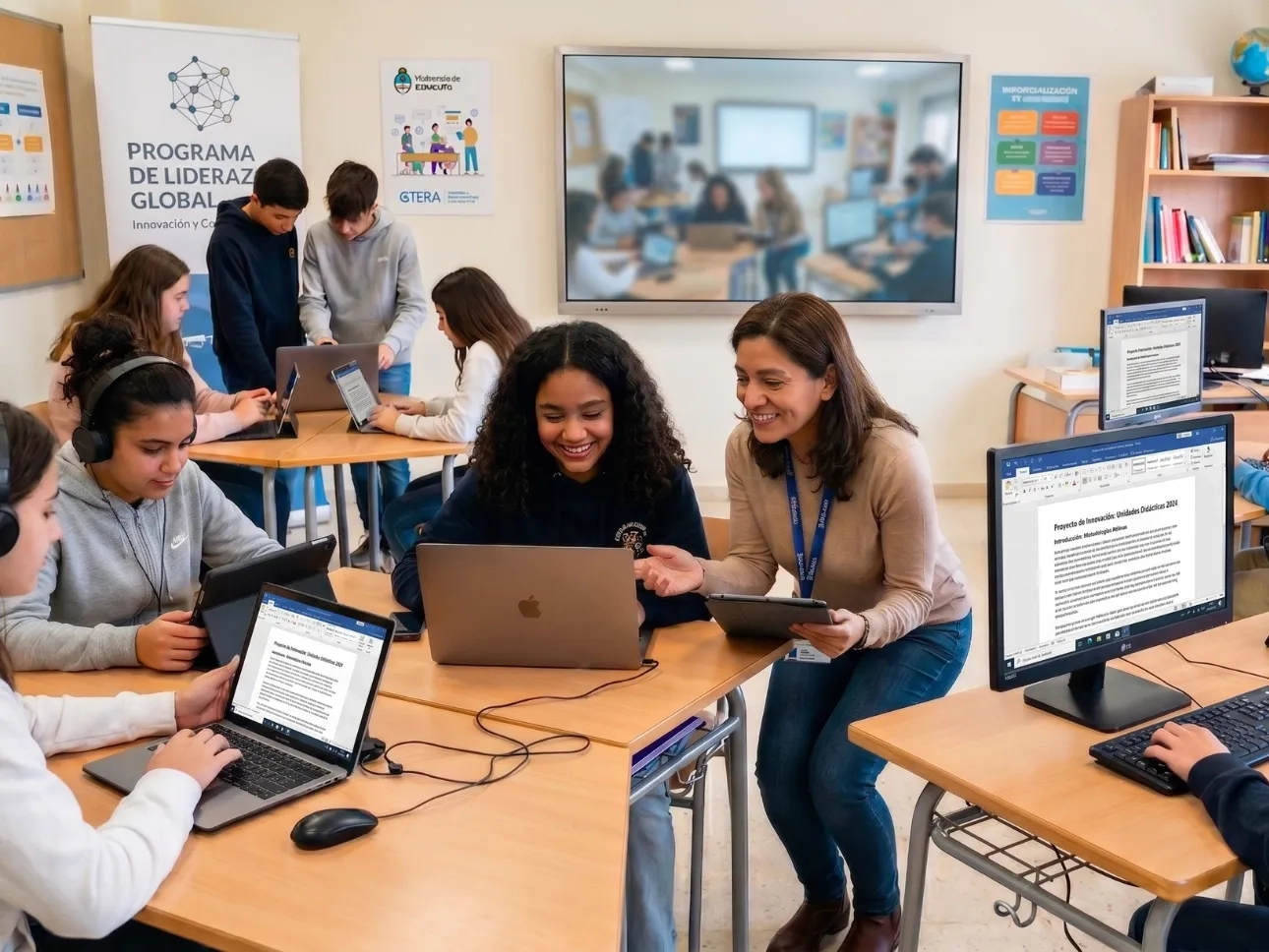 Estudiantes y docentes usando tecnología para personalizar el aprendizaje